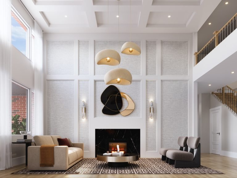 A modern Clarehaven Estates living room with high ceilings features a geometric chandelier, a beige sofa, and two chairs facing a round coffee table in front of a black marble fireplace. Above the fireplace is abstract wall art. Large windows let in natural light, and a staircase is visible on the right.