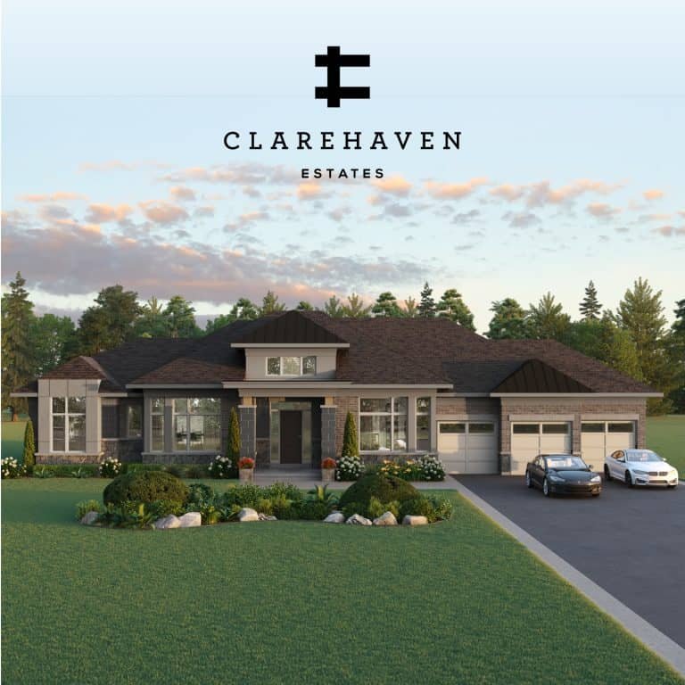 A large, single-story modern house is shown with a spacious driveway and two cars parked. The facade features large windows, a mix of brick and siding, and a manicured front yard. The house is labeled as "Clarehaven Estates" with a logo above the name. Trees surround the property in Clarehaven Estates.