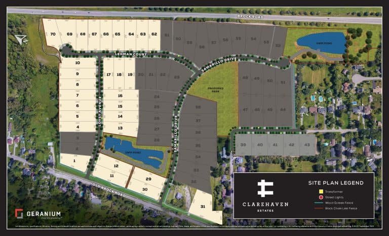 A site plan map for Clarehaven Estates by Geranium reveals numbered plots for houses, outlined streets, pond areas, and surrounding greenery. The legend includes "Released," "Coming Soon," "Woodland Green Space," and "Parks & Ponds." Discover the idyllic community of Clarehaven Estates today.