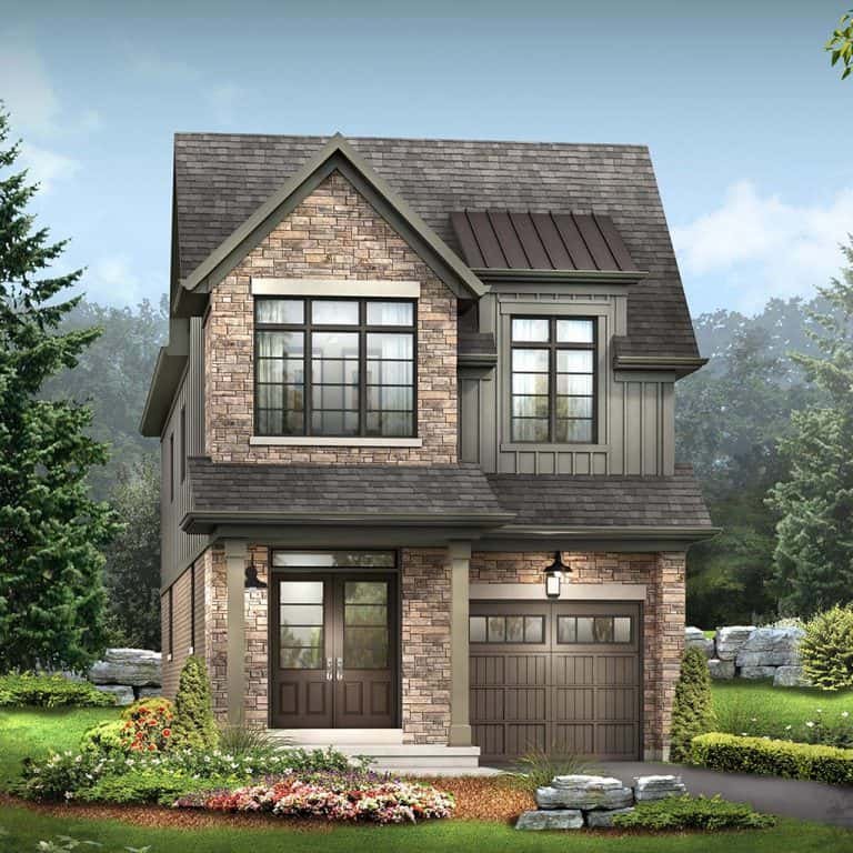 This charming two-story house with brick and wood exterior boasts a front porch, large windows, and an attached garage. Surrounded by a well-maintained garden with various shrubs and trees, it offers the allure of new homes in GTA against a backdrop of nature's beauty.