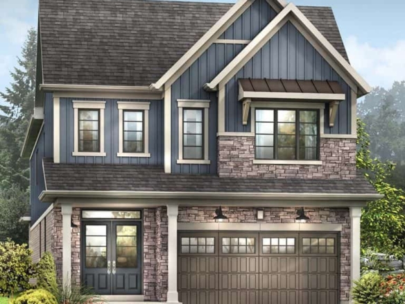 A two-story house with blue siding and stone accents, reminiscent of new homes in GTA, features a double garage and a covered porch. It boasts large windows, a gabled roof, and is surrounded by lush landscaping against a vivid sky backdrop.