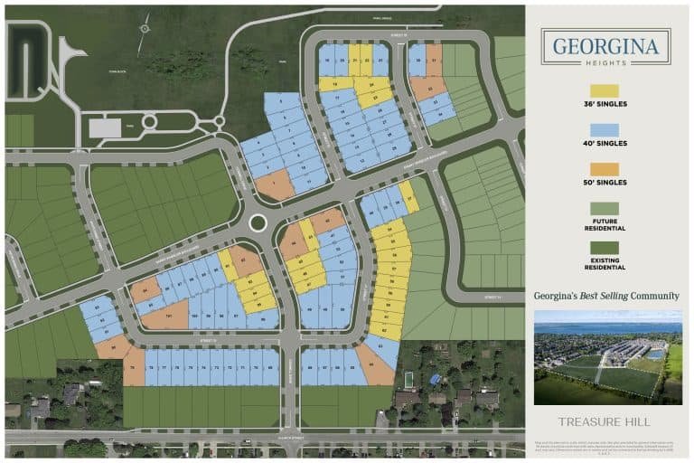 Georgina Heights residential development map featuring pre-construction homes. The map highlights lot sizes of 36', 40', and 50', future residential zones, roads, and existing neighborhoods. An inset showcases Gagan Bector' community branding, offering an ideal glimpse of new homes in GTA.