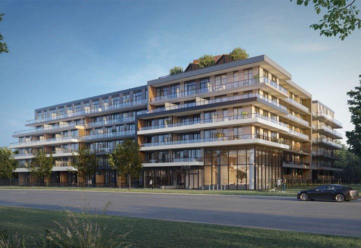 Modern mid-rise residential building, High Line Condos, with large glass windows and balconies, surrounded by leafy trees and a well-maintained lawn. The structure has several floors, with a rooftop garden and a light-colored facade. A car is parked on the street in front.