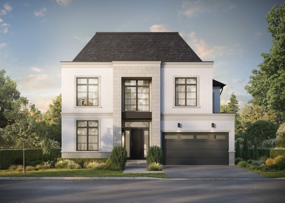 Iris Estates A modern two-story house in Iris Estates features a white brick exterior and black roof. The front boasts large black-framed windows and a sleek double garage door. The landscaping includes neatly trimmed bushes and a manicured lawn, all under a blue sky with light clouds.