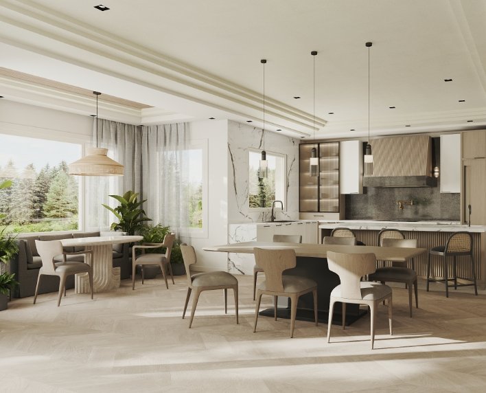 A modern dining room and kitchen at Iris Estates feature light wood furniture. The space includes a long dining table with chairs, a breakfast nook with a table and bench by large windows, and a kitchen island with stools. Pendant lights hang from the ceiling, and numerous plants adorn the area.