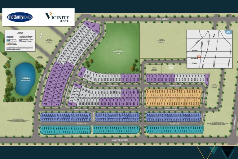 Discover the site plan for Vicinity West by Mattamy Homes, showcasing a vibrant mix of pre-construction homes across colorful residential lots—purple, aqua, orange, beige. Explore streets, a serene pond, green spaces, and a handy map inset in the top right corner.