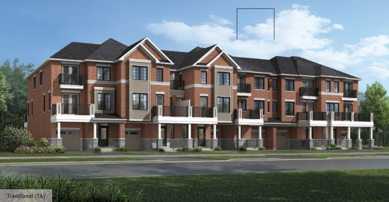 A row of modern, three-story brick townhouses by Gagan Bector features gray roofs and white trim. Each unit boasts a garage and small balcony. The sky is clear with a few clouds, complemented by green shrubs and grass in the foreground.