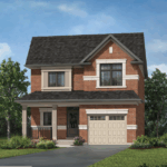 A two-story red brick house with a dark gray shingled roof stands proudly. This Gagan Bector gem features large windows, a one-car garage, and a cozy front porch with white columns. Surrounded by greenery, trees, and a lush lawn under a clear blue sky, it's ideal for those seeking new homes in GTA.