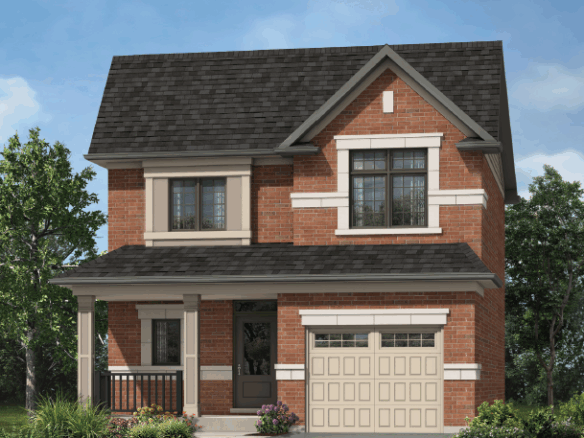 A two-story red brick house with a dark gray shingled roof stands proudly. This Gagan Bector gem features large windows, a one-car garage, and a cozy front porch with white columns. Surrounded by greenery, trees, and a lush lawn under a clear blue sky, it's ideal for those seeking new homes in GTA.