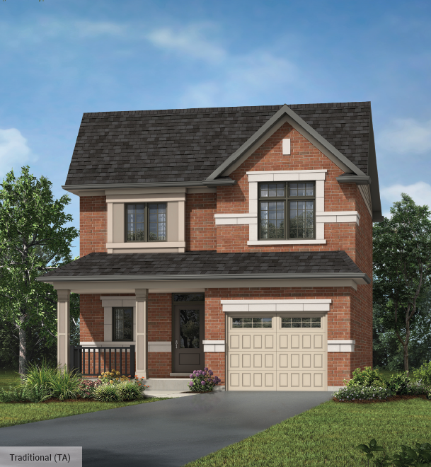 A two-story red brick house with a dark gray shingled roof stands proudly. This Gagan Bector gem features large windows, a one-car garage, and a cozy front porch with white columns. Surrounded by greenery, trees, and a lush lawn under a clear blue sky, it's ideal for those seeking new homes in GTA.