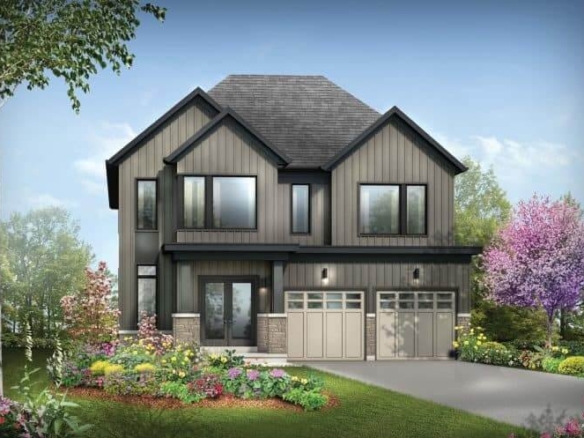 Discover this modern two-story pre-construction home with sleek gray and black siding, expansive windows, and a two-car garage. The front yard boasts vibrant flowers and shrubs, while trees envelop the property under a partly cloudy sky.