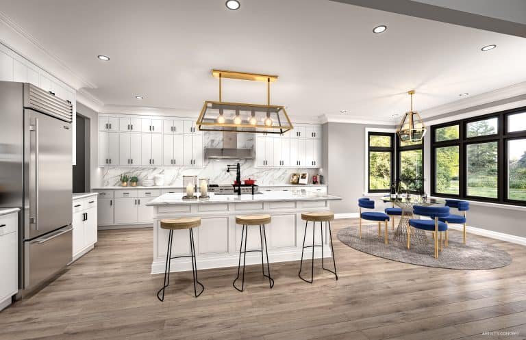 Modern kitchen with white cabinets, a marble backsplash, and a large island with three stools. Stainless steel appliances are on the left. A dining area with blue chairs and a round rug is in front of large windows on the right, embodying the elegance found in new condos by Gagan Bector. Two gold chandeliers hang above.
