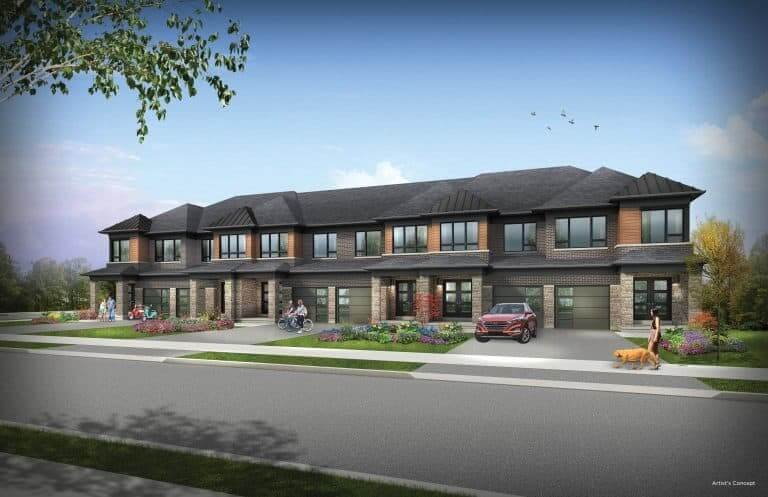 A row of modern townhouses by Gagan Bector showcases brown brick and dark roofs. A car is parked in front, people are out walking or biking, and someone walks a dog. Lush landscaping with flowers and trees lines the street under a clear blue sky.