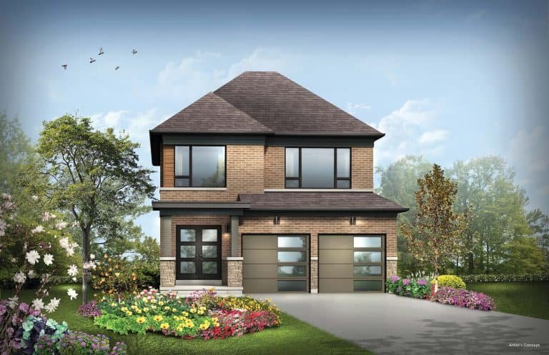 Illustration of a two-story brick house with a dark roof, characteristic of new homes in GTA. It boasts a double garage and large windows, while the front yard is vibrant with flowers and trees. Birds fly above in vivid skies, hinting at the beauty Gagan Bector offers even pre-construction.