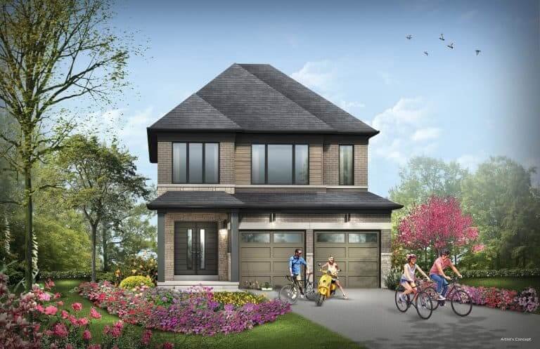 A modern two-story house with a dark roof and large windows, surrounded by vibrant landscaping. Nearby, reminiscent of new condos, two adults and two children ride bicycles on the driveway under a clear sky with a few birds flying.