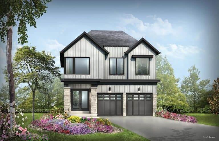 This modern two-story house by Gagan Bector features a gray exterior, large windows, and a double garage. The surrounding landscape boasts a manicured garden with colorful flowers and trees, set under a partly cloudy sky—a perfect example of new homes in the GTA.