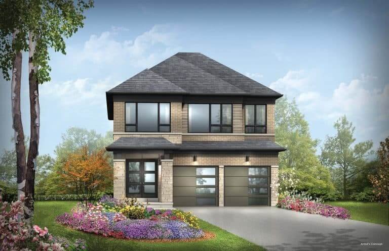 A modern two-story house by Gagan Bector with brick and dark paneling, featuring large windows and a two-car garage. The front yard is landscaped with colorful flowers and shrubs, set against a backdrop of trees and a blue sky—a perfect example of new homes in the GTA.