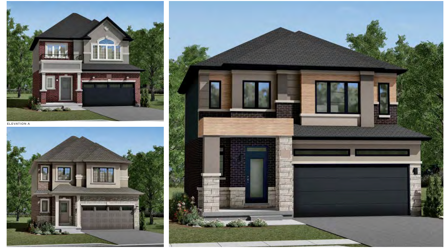 Three illustrations of modern two-story houses showcase diverse designs and capture the essence of new homes in GTA. Each features a two-car garage, various blends of brick and siding, large windows, and landscaped front lawns with trees in the background.