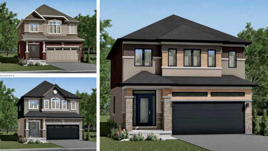 Collage of three modern two-story houses with distinct architectural designs, showcasing pre-construction homes in the GTA. Each features a garage, large windows, and a stylish mix of brick and siding. The setting is complete with landscaped front yards and lush trees.