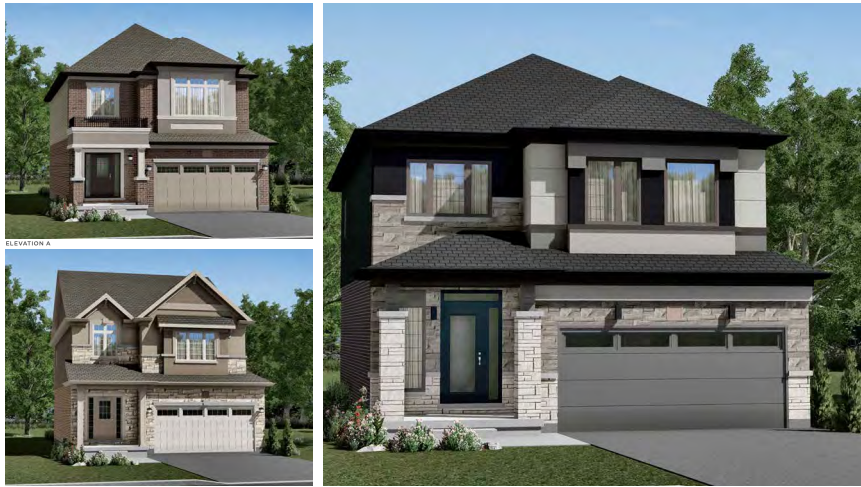 Three modern two-story houses with garages grace a suburban setting, reminiscent of new homes with unique architectural features like varied roof styles and brickwork. Surrounded by greenery and set under a clear blue sky, they embody the elegance of pre-construction homes.