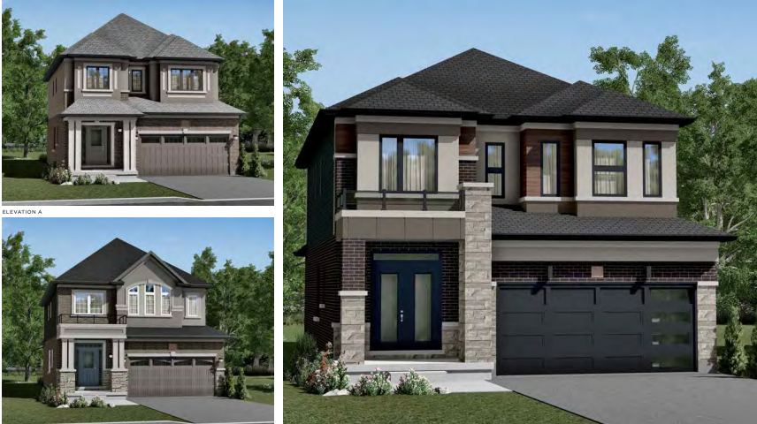 Three modern suburban houses, similar to new homes in GTA, are displayed with different architectural designs. Each house has two stories, large windows, and a garage, surrounded by greenery. The sky is clear and blue, offering a serene setting for these contemporary abodes.