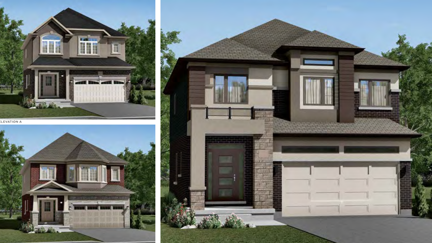 Three modern two-story houses, akin to new condos in the GTA, feature varied designs with gabled roofs, large windows, and attached double garages. Surrounded by lush greenery under a clear blue sky, these homes epitomize contemporary living.