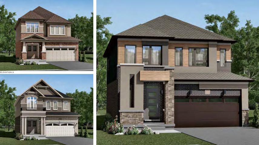 Collage of three modern two-story new homes with distinct designs. Each house features a blend of brick and siding exteriors, large windows, and attached garages. The setting includes lush greenery and clear skies, perfect for those seeking new homes in the GTA.