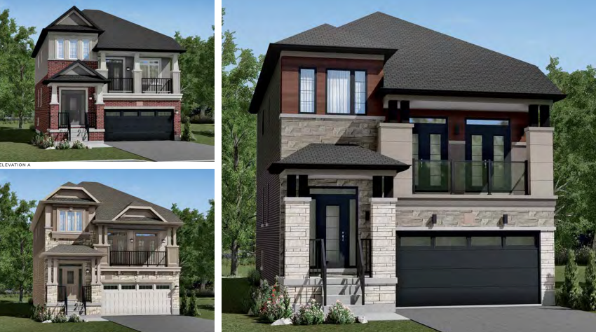A collage of three modern two-story new homes, each boasting large windows, different brick and stone facades, and attached garages. The settings are lush with greenery in the background.