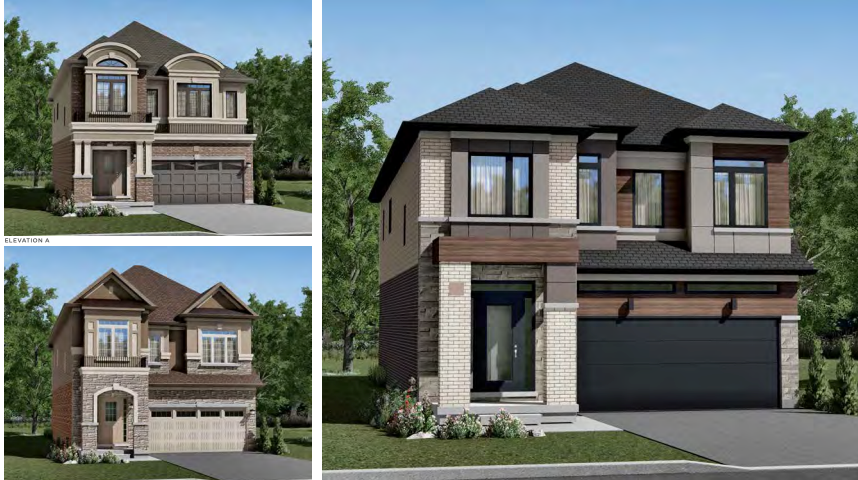Three modern suburban homes, each two stories with garages, reflect the allure of new homes in GTA. They feature brick and wood siding, large windows, and dark roofs. Surrounded by trees and landscaped gardens, these residences offer a perfect blend of nature and contemporary design.