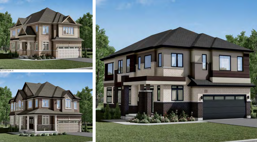 Three renderings of a modern pre-construction two-story brick and siding house with a double garage, large windows, and landscaped yard. The home features beige and dark brown tones, detailed architecture, and lush greenery surrounding the property—a stunning addition to new homes in GTA.