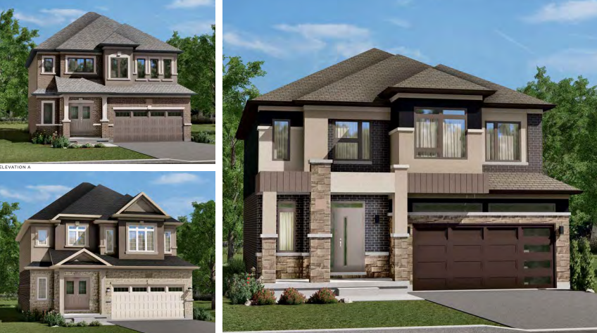 A collage of pre-construction homes showcases modern two-story designs with a blend of brick and siding exteriors, large windows, and attached garages. The landscaping includes small bushes and trees under a clear sky, with lush greenery surrounding these promising new homes.