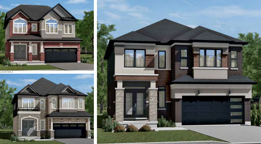 A collage of three modern two-story houses with dark roofs, large windows, and attached garages showcases pre-construction homes surrounded by greenery under a clear blue sky. Each new home boasts its own unique design and color scheme.