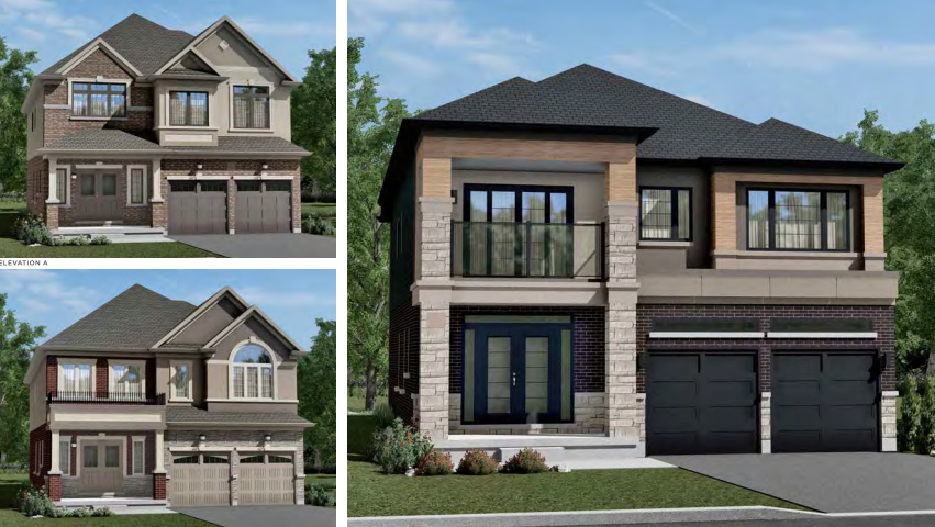 The image features three different two-story modern homes, showcasing pre-construction designs with a combination of brick and siding exteriors, large windows, and double garages. Each new home boasts distinct architectural details and landscaping, typical of new homes in the GTA.