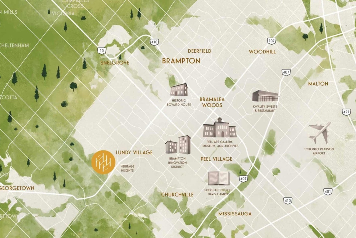 A watercolor-style map highlighting Brampton and nearby areas showcases landmarks such as Bramalea Woods, Peel Art Gallery, and Toronto Pearson Airport. Discover roads and town names like Georgetown, Cheltenham, and Malton along with sites of new condos in the GTA.