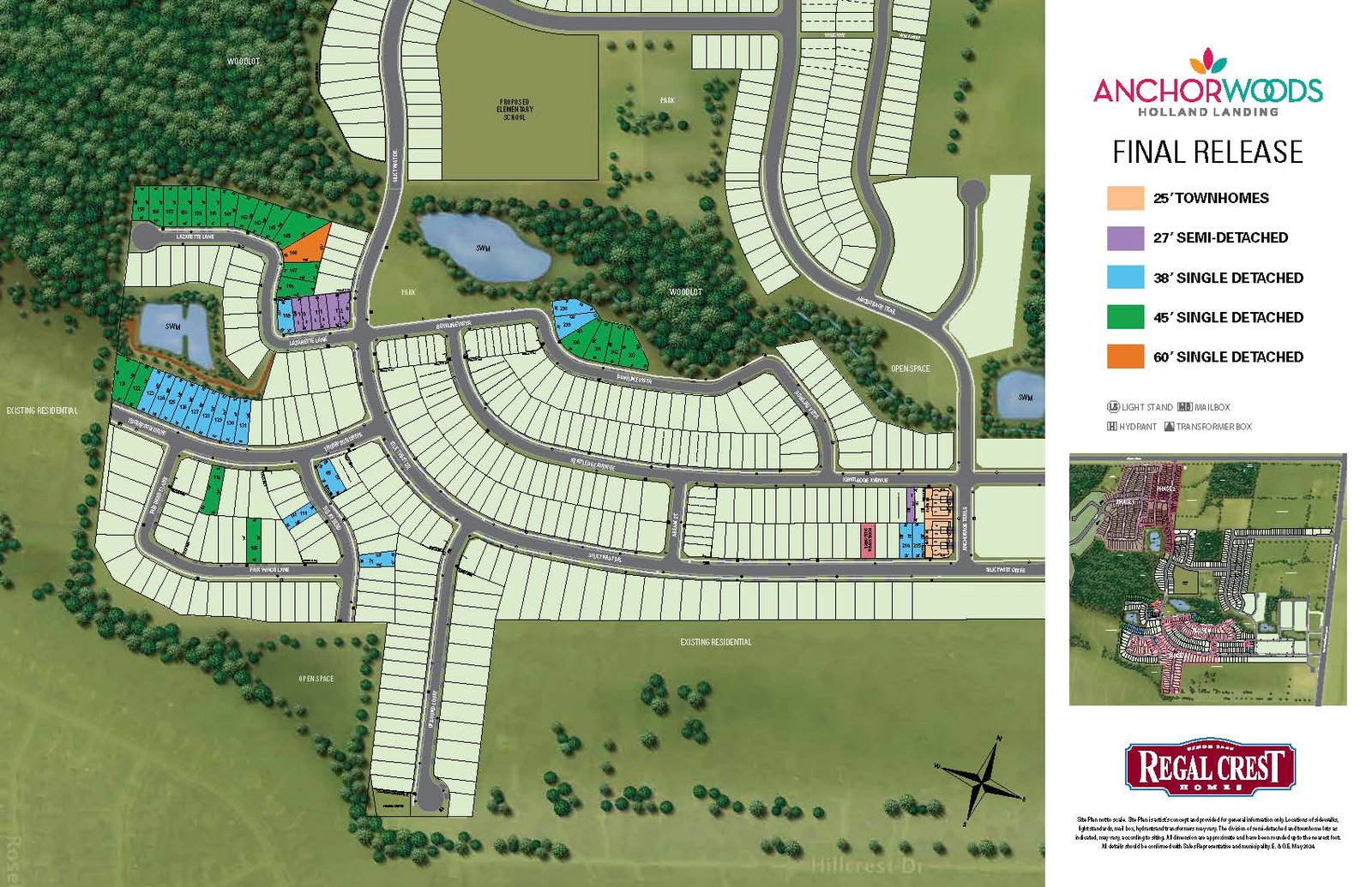 A detailed map of the Anchor Woods housing development's final release layout. Sections are color-coded by housing type: townhomes, semi-detached, and single detached homes with lot dimensions. The Regal Crest Homes logo and a small location map are also included.