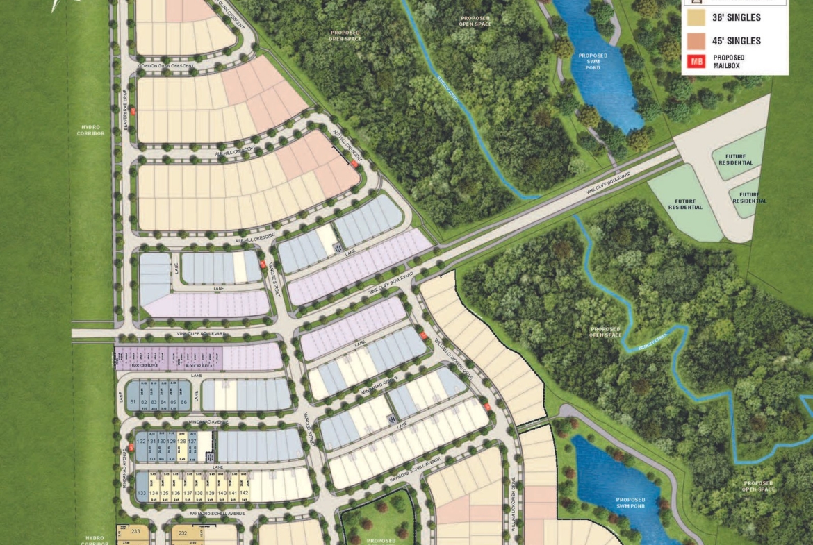 Unionville Upper East HomesAn illustrated site plan of a housing development in Unionville resembles the charm of the Upper East Side. It features plotted areas for various housing types, greenery, ponds, and natural surroundings. A legend indicates different house models and sizes. Roads and pathways are laid out for accessibility.