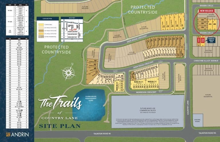 A detailed site plan for "The Trails of Country Lane" by Andrin, depicting lot layouts, available and sold properties, streets, and surrounding protected countryside. Amenities and future developments are marked with a key and site-specific information on the side.