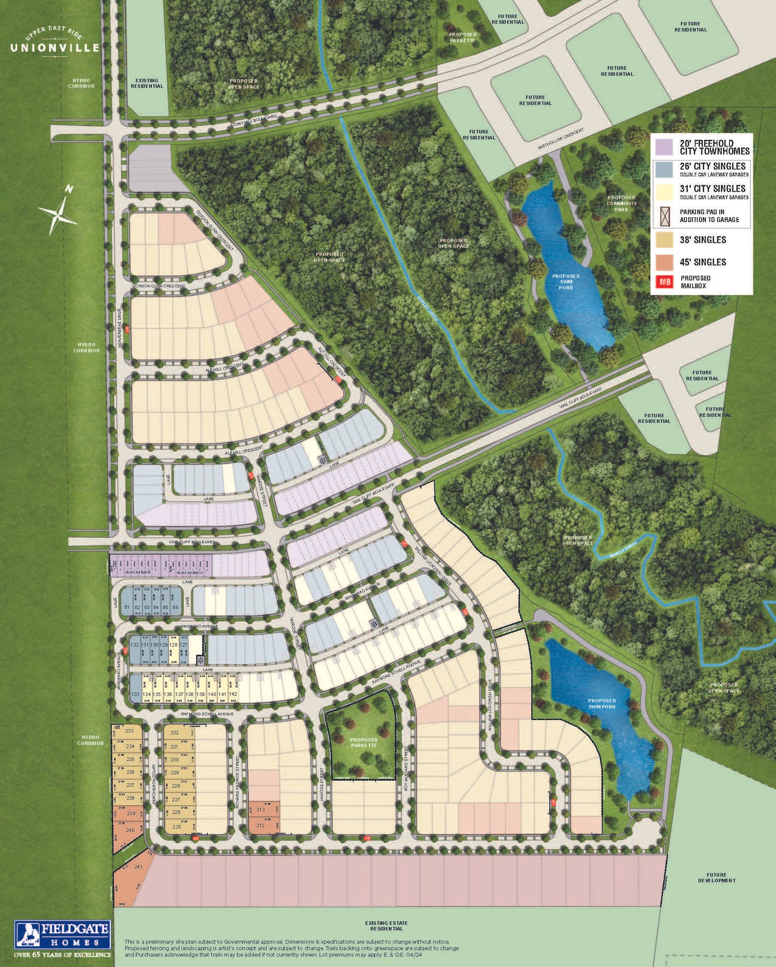 Unionville Upper East HomesAn illustrated site plan of a housing development in Unionville resembles the charm of the Upper East Side. It features plotted areas for various housing types, greenery, ponds, and natural surroundings. A legend indicates different house models and sizes. Roads and pathways are laid out for accessibility.
