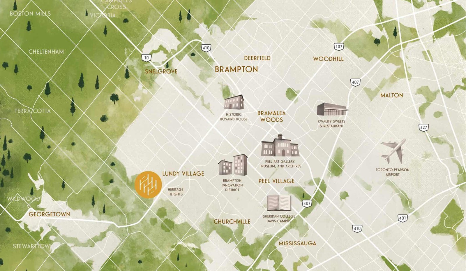 A watercolor-style map highlighting Brampton and nearby areas showcases landmarks such as Bramalea Woods, Peel Art Gallery, and Toronto Pearson Airport. Discover roads and town names like Georgetown, Cheltenham, and Malton along with sites of new condos in the GTA.
