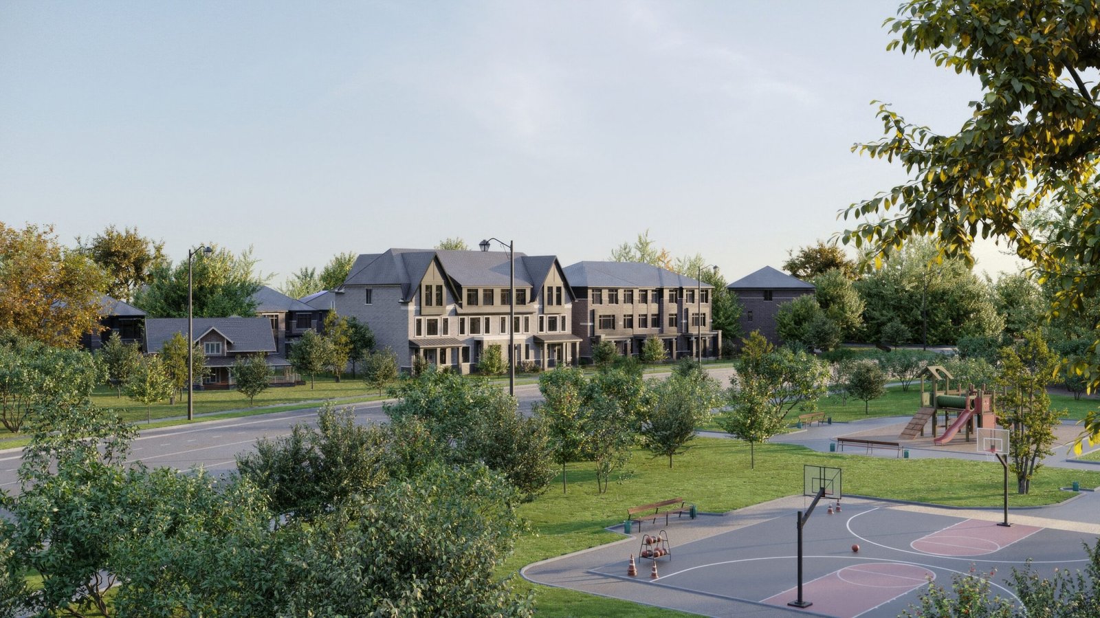 A suburban neighborhood with townhouses in the background, bordered by trees. A park in the foreground features a playground and a basketball court. The scene is peaceful with clear skies, complemented by new homes in GTA adding a modern touch to the serene landscape.