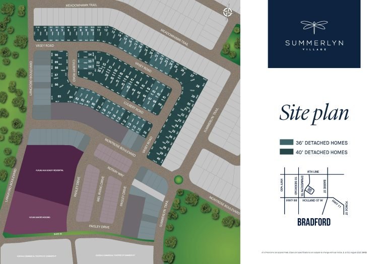 Map of Summerlyn Village site plan, showcasing areas for 36' and 40' detached homes. Roads and lot numbers are displayed. A small inset map highlights its proximity to Bradford, offering a glimpse into pre-construction new homes in the GTA by Gagan Bector.