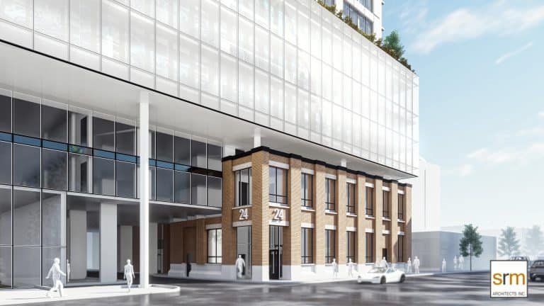 A modern architectural rendering of a building with a blend of glass and brick exterior. The lower floors feature brickwork with large numbers "24" visible, while the upper glass floors showcase the latest in pre-construction homes. Pedestrians and a car are on the street in front.