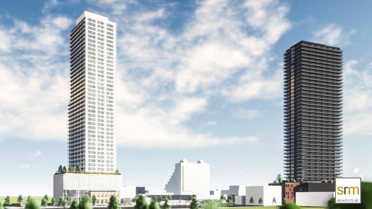 Digital rendering of two tall skyscrapers against a blue sky with scattered clouds. The buildings, reminiscent of new condos, feature modern designs—one with a white facade and the other darker. Trees and smaller structures surround the towers, evoking the dynamic growth of pre-construction homes in urban areas.