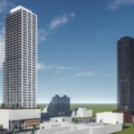 Rendering of a modern cityscape featuring two towering skyscrapers against a clear blue sky. The left building is white with geometric design, while the right building is darker. Pre-construction homes and smaller structures surround the base. Logo of "srm" in the bottom right corner.