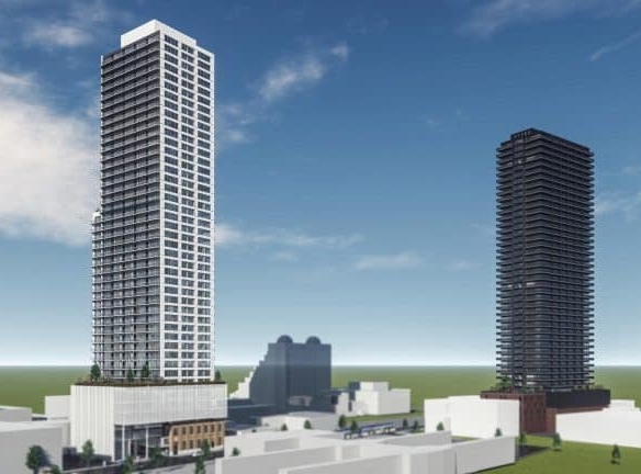 Rendering of a modern cityscape featuring two towering skyscrapers against a clear blue sky. The left building is white with geometric design, while the right building is darker. Pre-construction homes and smaller structures surround the base. Logo of "srm" in the bottom right corner.