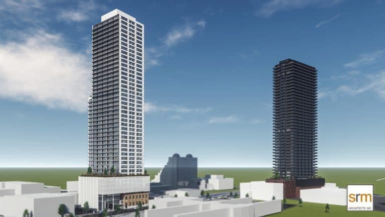 Rendering of a modern cityscape featuring two towering skyscrapers against a clear blue sky. The left building is white with geometric design, while the right building is darker. Pre-construction homes and smaller structures surround the base. Logo of "srm" in the bottom right corner.