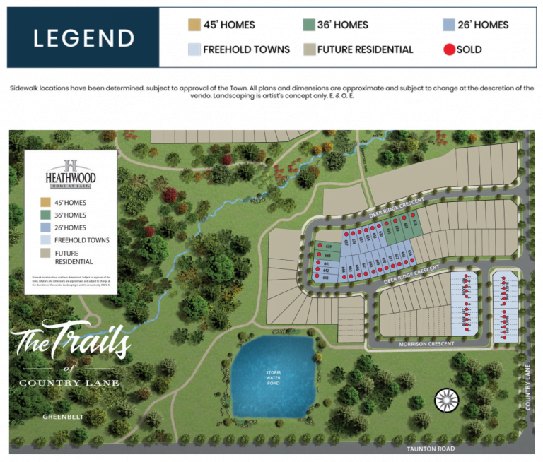 Site plan for The Trails of Country Lane in Heathwood. Legend shows various plot sizes: 45' homes, 36' homes, 26' homes, freehold towns, and future residential. A map indicates sold plots and those still available. Surrounding greenery and a pond are depicted.