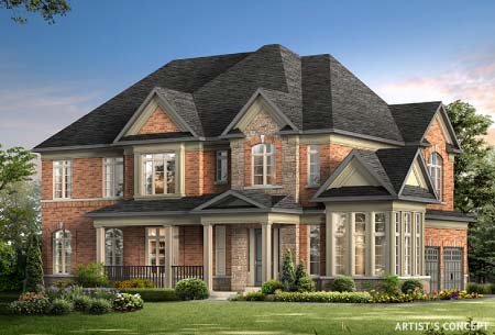 An artist's concept image of a large, two-story brick house with black roofs nestled along Country Lane. The house features multiple gables, tall windows, and a covered front porch. The yard is landscaped with green grass, bushes, and small trees. The sky is blue with some clouds.