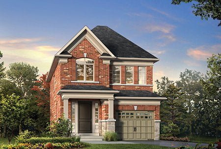 A two-story red brick house with a dark grey roof sits peacefully on Country Lane. Large windows grace both floors and a double garage with a beige door complements the exterior. The house is surrounded by a well-maintained lawn, bushes, and trees under a slightly cloudy sky, perfect for nearby trails.