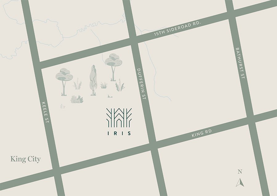 A simplified map featuring a green grid with labeled streets: Keele St, Dufferin St, Bathurst St, 15th Sideroad Rd, and King Rd. An "IRIS Estates" logo, with stylized trees, marks a location on Dufferin St. A small "King City" label is in the bottom left corner.